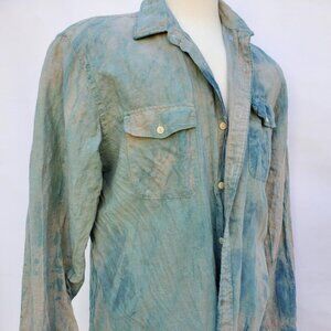 Hand dyed linen XL unisex shirt blue green gray beige Summer linen travel beach